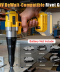 Brushless Cordless Rivet Gun Compatible With Dewalt 20V Max Battery Tool Only shown in use on metal sheet, ergonomic design visible.