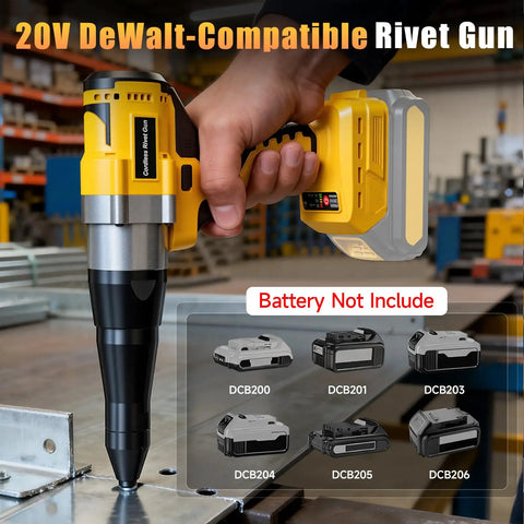 Brushless Cordless Rivet Gun Compatible With Dewalt 20V Max Battery Tool Only shown in use on metal sheet, ergonomic design visible.