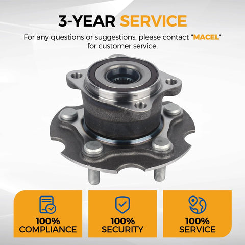 Front view of 2 Pack Rear Wheel Hub Bearing Assembly Fit For 2015-2017 Lexus NX200t AWD, 2018-2019 NX300 AWD, 2015-2019 NX300h AWD, And 2006-2018 Toyota RAV4 AWD 4WD Replacement For Smooth, Quiet Ride on display with warranty icons below