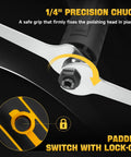 Cordless Die Grinder Made As A Heavy Hitter With No Strings Attached Plays Nicely With Dewalt 20V Packs 24000 RPM Brushless Motor showing 1/4 inch precision chuck and paddle switch.