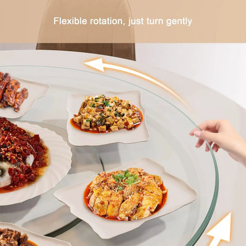 Round Tempered Glass Spin Turntable For Dining Tables With Durable Aluminum Bearing Perfect For Shareable Appetizers Dishes Cakes And Party Spreads At Home Or Restaurant For The Fam showing flexibility with hand turning it