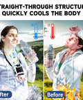 Woman using 2024 Upgrade Waist Clip Fan Portable Personal Body Cooler, illustrating effective cooling with a water bottle.