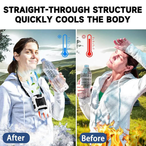 Woman using 2024 Upgrade Waist Clip Fan Portable Personal Body Cooler, illustrating effective cooling with a water bottle.