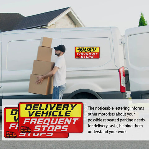Delivery Vehicle Magnet Sign Set 9x4 Inches Weatherproof Reflective Warnings for Frequent Stops on van with driver carrying boxes