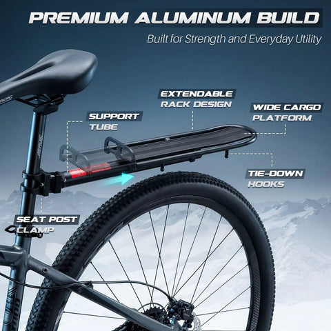 Image of Adjustable Rear Bike Carrier Rack With 20Lb Capacity Universal Extendable Aluminum Cargo Rack attached to bike.