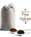 No Mess Cold Brew Filters 100 Count Disposable Fine Mesh Bags with coffee grounds in spoons