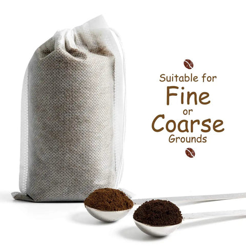 No Mess Cold Brew Filters 100 Count Disposable Fine Mesh Bags with coffee grounds in spoons