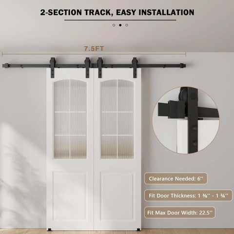 7.5 Foot Sliding Barn Door Hardware Kit For Double Doors 22.5 Inch Wide Panels Heavy Duty Track System installed