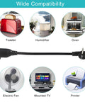 Low Profile 1 Foot Flat Plug Extension Cord With Grounded 3 Prong Indoor SJT 16AWG Heavy Duty Flexible Power Cable Angled Flat Plug For Tight Wall Clearance Wall Hugger Design Durable Easy To Maneuver Ideal For Home And Office Use shown with compatible devices including toaster, humidifier, oven, electric fan, mounted TV, printer.