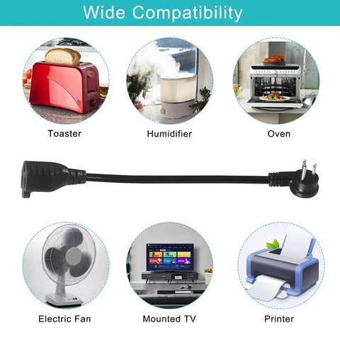 Low Profile 1 Foot Flat Plug Extension Cord With Grounded 3 Prong Indoor SJT 16AWG Heavy Duty Flexible Power Cable Angled Flat Plug For Tight Wall Clearance Wall Hugger Design Durable Easy To Maneuver Ideal For Home And Office Use shown with compatible devices including toaster, humidifier, oven, electric fan, mounted TV, printer.