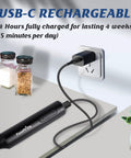 Rechargeable Milk Frother Handheld Foam Maker With USB Type C Charging Stainless Balloon Whisk plugged into outlet