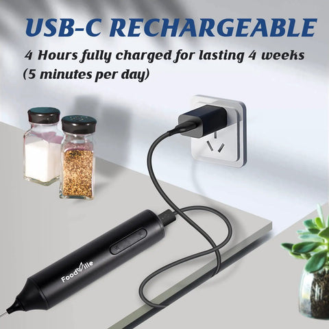 Rechargeable Milk Frother Handheld Foam Maker With USB Type C Charging Stainless Balloon Whisk plugged into outlet