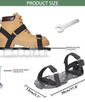 Diagram of preassembled lawn aerator shoes with spiked soles and adjustable straps, dimensions 30cm by 13cm, with wrench and bolts.