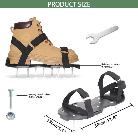 Diagram of preassembled lawn aerator shoes with spiked soles and adjustable straps, dimensions 30cm by 13cm, with wrench and bolts.