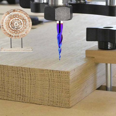 Jiiolioa CNC router bit, 1/4 inch shank, blue ball-nose, solid carbide for wood engraving