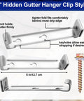 Image of 25 Pack 5 Inch Hidden Gutter Hangers Clip Style with screws for Standard K Style Aluminum Gutters, showing detailed dimensions.