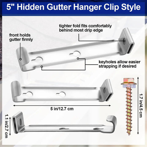 Image of 25 Pack 5 Inch Hidden Gutter Hangers Clip Style with screws for Standard K Style Aluminum Gutters, showing detailed dimensions.
