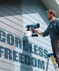 Heavy Duty Brushless Cordless Paint Sprayer With Straight Up Reliable Turbo Spray For Swift Home Refreshes Built Like A Tank With Zero Hassle Daily Grind Ready Truly Slays Every Painting Project You Face Today being used to paint a wall.