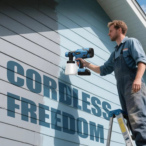 Heavy Duty Brushless Cordless Paint Sprayer With Straight Up Reliable Turbo Spray For Swift Home Refreshes Built Like A Tank With Zero Hassle Daily Grind Ready Truly Slays Every Painting Project You Face Today being used to paint a wall.