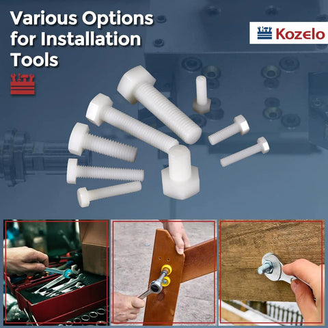 Badass Nylon Hex Bolts And Nuts Kit M5 Fully Threaded Tap Fasteners Hardware Set displayed with various installation tools.