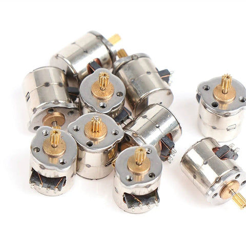 Miniature DC Stepper Motor With Gear For DIY Toys And Tiny Projects 2 Phase 4 Wire High Precision Micro Motor Small 8mm Diameter 9.3mm Height 2.3mm Gear Diameter 10 Pack arranged in a pile, showing metal finish and gear details. 