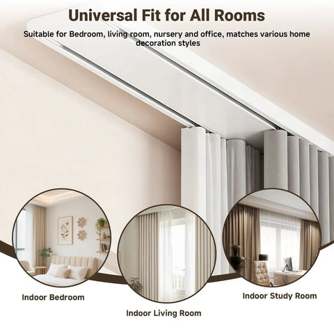 Double Row Ceiling Mounted Curtain Track System For Windows White Adjustable From 3 To 18 Feet Ultra Quiet PVC Pulleys With Silent Strips Includes Handsaw No Fuss Setup Great For Hotels Hospitals And Home Or Office Use installed on ceiling with curtains in bedroom and study