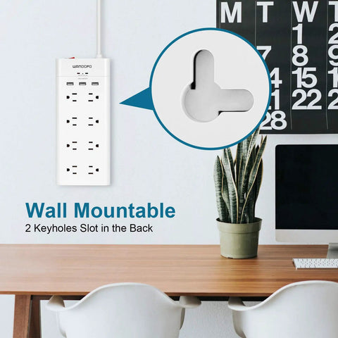Wall-mounted 8 Outlet Power Strip With 6 Ft Extension Cord, 3 USB Ports, 1625W Surge Protector, 1050J Safety Rating, White