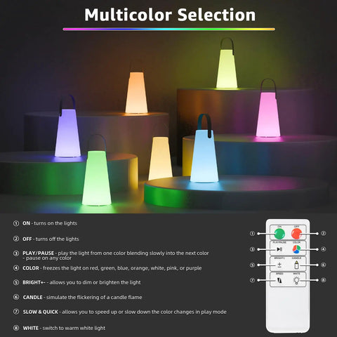 Rechargeable Cordless Outdoor Lanterns With Dope RGB Colors displayed with remote control options, IP44 water resistant
