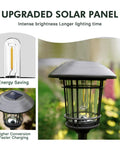 5 Pack Solar Outdoor Pathway Lights With Glass Lantern-Style Heads, showcasing durable metal stakes and upgraded solar panel.