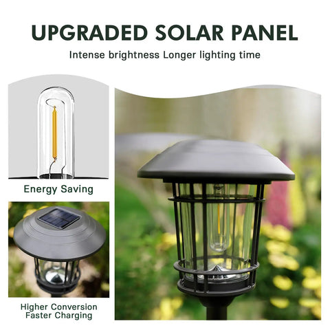 5 Pack Solar Outdoor Pathway Lights With Glass Lantern-Style Heads, showcasing durable metal stakes and upgraded solar panel.