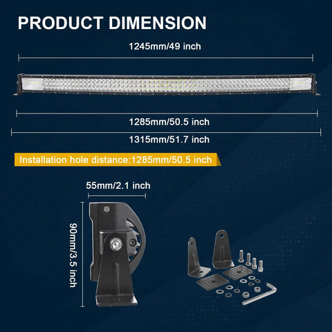 50 Inch Curved LED Light Bar With Magnetic Bracket Kit For Jeep Off Road Trucks SUVs 4x4 Trailer 12V Harness Triple Row Flood Spot Beam Driving Work Lamp 6000K White With Beast Mode Brightness