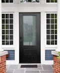 Heavy Duty 36 By 80 Inch Composite Fiberglass Prehung Entry Door With Thermally Insulated LowE Tempered Glass two tone oak look black exterior white interior right hand inswing