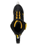 Top view of Macroblade 100 3WD Men's Fitness Inline Skates With High Cuff Support, Black and Saffron Yellow, showing lacing and buckle.