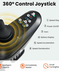 Electric wheelchair joystick controller, black, close-up view with 360° control and labeled power, horn and speed buttons.