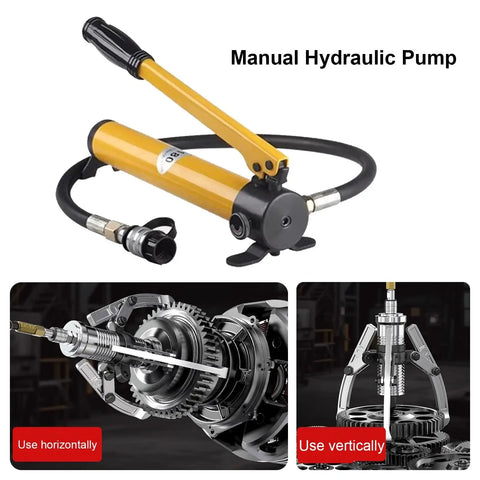 Manual hydraulic pump for Heavy Duty Hydraulic Bearing Puller With Hand Pump For Serious Wheel Bearing Removal and Badass Auto Gear Disassembly Tool.