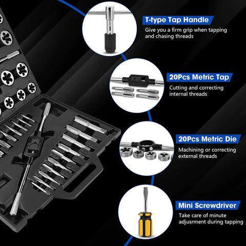 Pro Grade 45 Piece Tap and Die Set for Cutting External and Internal Threads With Adjustable Handles and Case displayed with tools in case