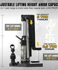 Image of 2-In-1 Toe Jack Lift with 5 Ton top saddle and 2.5 Ton claw, showing lift range and hydraulic components.