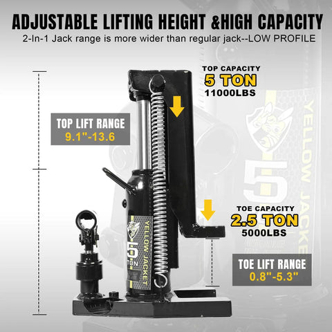 Image of 2-In-1 Toe Jack Lift with 5 Ton top saddle and 2.5 Ton claw, showing lift range and hydraulic components.
