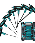 Dual End T Handle Allen Wrench Set With Chamfered Tips For Deep And Shallow Screws SAE One Eighth To Three Eighths Inch Seven Piece Hex Key Kit With Handy Storage Box For Auto And Bike Repairs, seven wrenches displayed above storage box.