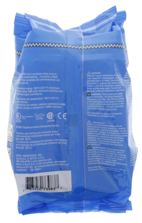 Ideal in-Sure 3-port push-in wire connectors in a blue bag, 100-count, side view