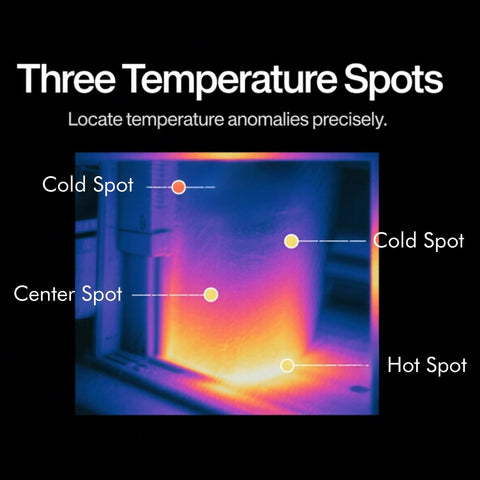 Thermal Imaging Camera With Super Resolution 240 By 240 And 128 By 128 IR For Crisp Thermal Images For Fast Anomaly Detection showing heat spots on a panel.