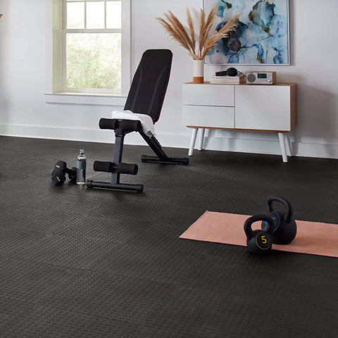 Home gym setup with kettlebells on Interlocking Rubber Floor Tiles 18x18 Inch Diamond Plate Squares That Are Tough-As-Nails For Home Gym Garage Basement And Trade Show Floors, Durable Puncture-Resistant Mats, 24 Pack Black.