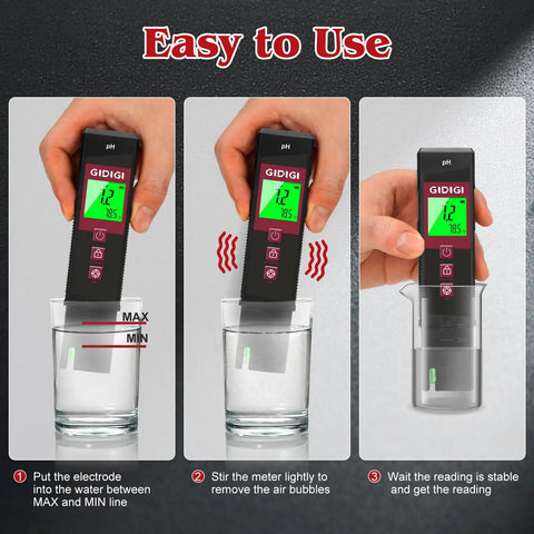 Digital pH Meter With Color LCD Backlit Display And UL Certified Accuracy used in water testing steps illustration