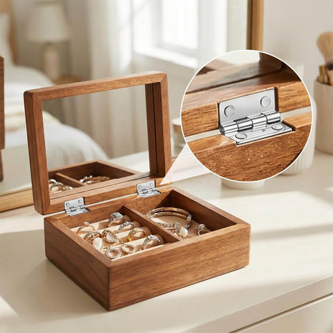 Open jewelry box with 100 Pcs Mini Hinges Set With 400 Screws 10x8mm Silver Butt Hinges attached, showcasing hinge detail.