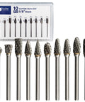 10-piece carbide burr set with 1/8" shanks, double-cut, in clear storage case