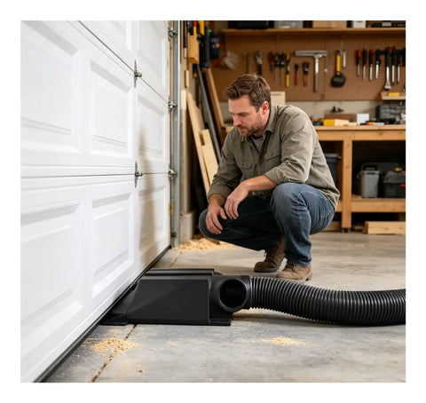 Man examining Straight Flow Under Garage Door Vent With Heavy Duty 6 Inch Duct Adapter for efficient workshop airflow.