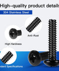 Close-up of black oxide 304 stainless steel screws from 381 Piece Machine Screws Nuts And Bolts Kit With Case DIY Ready For Quick Repairs.
