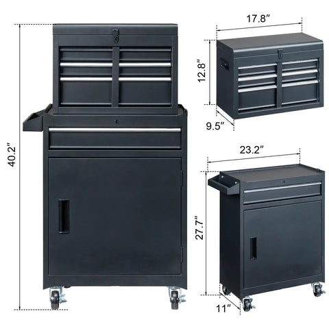 Heavy Duty Metal Rolling Tool Cart With Drawers For Power Tools And Workshop Organization Black On Wheels Large Garage Storage Cabinet With Four Rugged Wheels, front and side view with dimensions