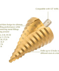 Titanium-Coated HSS Step Drill Bit Set For DIYers, Spiral Groove Design, Twelve Sizes From One Quarter Inch To Two And Three Eighths Inch