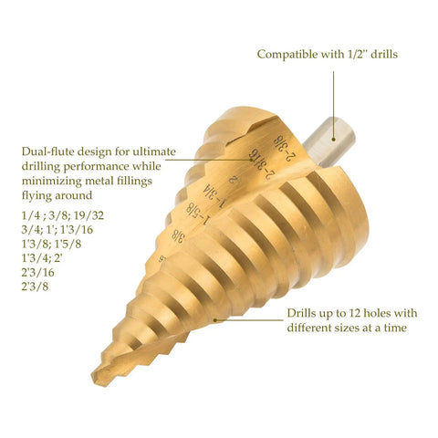 Titanium-Coated HSS Step Drill Bit Set For DIYers, Spiral Groove Design, Twelve Sizes From One Quarter Inch To Two And Three Eighths Inch